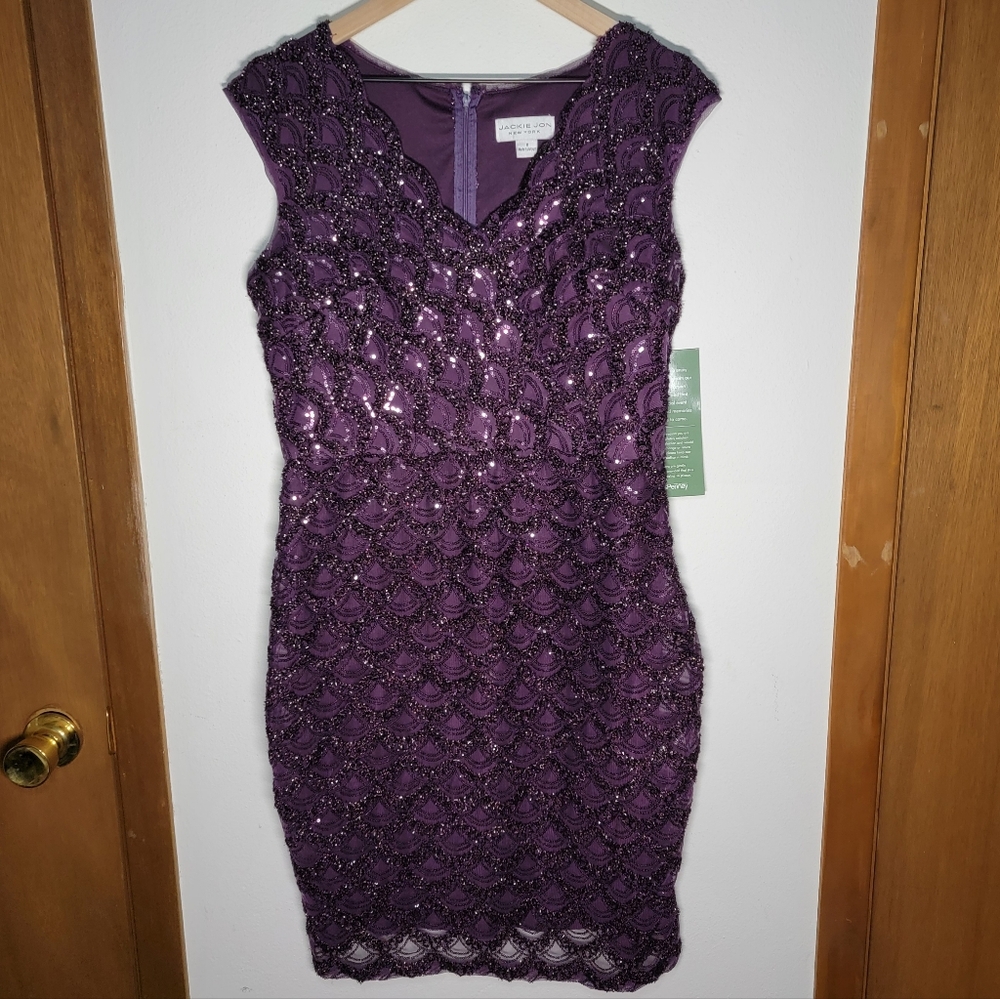 Jackie Jon Sequin Purple Scallop Sheath Dress Size 8 NWT - Picture 10 of 14
